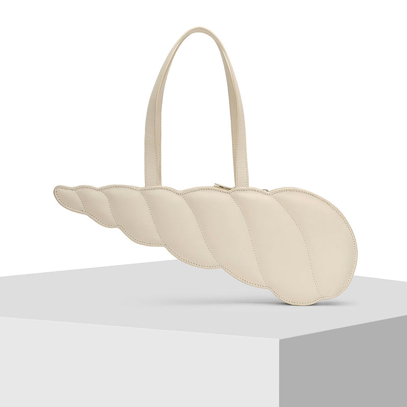 Cream Shell Shape Leather Tote Bag - Tiger Marrón x Nitya Arora