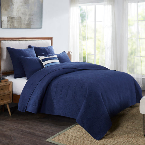 Navy Blue Cotton Cambric Quilted Bedspread