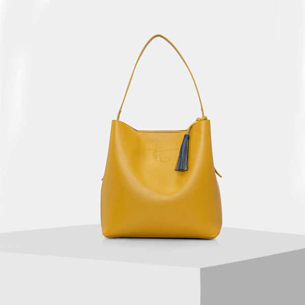 Premium Leather Tote Bag for Women - MUSTARD YELLOW & BLUE