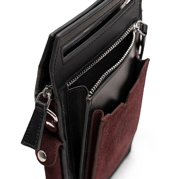 Leather Mobile Zipper Bag- BLACK & BURGUNDY