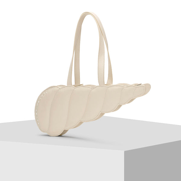 Cream Shell Shape Leather Tote Bag Tiger Marrón 